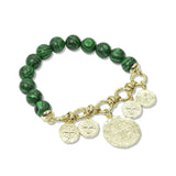 112934, NATURAL STONE AND PEARL BEADED COIN CHARM STRETCH BRACELET