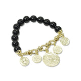 112934, NATURAL STONE AND PEARL BEADED COIN CHARM STRETCH BRACELET