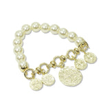 112934, NATURAL STONE AND PEARL BEADED COIN CHARM STRETCH BRACELET