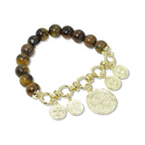 112934, NATURAL STONE AND PEARL BEADED COIN CHARM STRETCH BRACELET