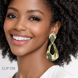 112965, PLATED SCULPTURAL OPEN TEARDROP CLIP ON DROP EARRINGS