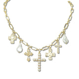113013, VINTAGE INSPIRED MULTI CROSS AND BAROQUE PEARL CHARM NECKLACE