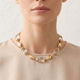 113064, MODERN ALTERNATING TEXTURED METALLIC AND CLEAR CRYSTAL COLLAR NECKLACE