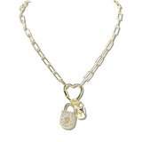 113068, 14K GOLD PLATED PAPERCLIP CHAIN HEART CARABINER CZ LOCK NECKLACE