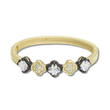 113072, 14K GOLD PLATED TEXTURED CABLE CLOVER CZ HINGED BANGLE BRACELET