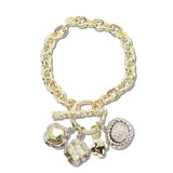 113077, 14K GOLD PLATED TWO TONE MULTI CHARM TOGGLE BRACELET