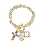 113078, 14K GOLD PLATED MULTI CHARM CROSS OVAL CZ TOGGLE BRACELET