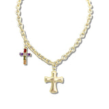 113079, 14K GOLD PLATED MULTI COLOR CZ DUAL CROSS NECKLACE