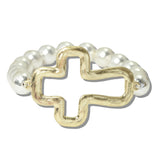 113083, HAMMERED CUTOUT CROSS BEADED STRETCH BRACELET