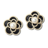 113086, PEARL CENTERED ENAMEL CAMELLIA FLOWER STUD EARRINGS