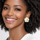 113086, PEARL CENTERED ENAMEL CAMELLIA FLOWER STUD EARRINGS