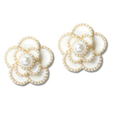 113086, PEARL CENTERED ENAMEL CAMELLIA FLOWER STUD EARRINGS