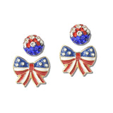 113090, USA PATRIOTIC AMERICAN ENAMEL BOW AND CRYSTAL BALL STUD EARRING SET