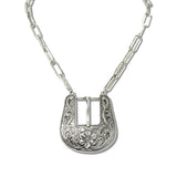 113143, WESTERN FLORAL LARGE BELT BUCKLE PAPERCLIP CHAIN NECKLACE