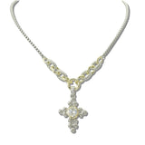 113182, 14K GOLD PLATED TWO TONE OVAL CZ CROSS PENDANT NECKLACE