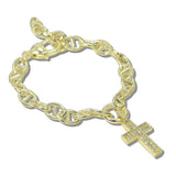 113184, 14K GOLD PLATED MARINER LINK CZ CROSS CHARM BRACELET