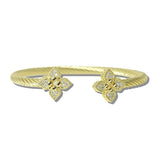113195, 14K GOLD PLATED QUATREFOIL CZ TWISTED CABLE CUFF BRACELET