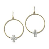 113243, TWO TONE WIRED HOOP CROSS DROP EARRINGS