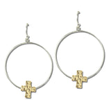 113243, TWO TONE WIRED HOOP CROSS DROP EARRINGS