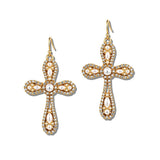 113330, ORNATE PAVE CRYSTAL AND PEARLESCENT CROSS DROP EARRINGS