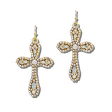 113330, ORNATE PAVE CRYSTAL AND PEARLESCENT CROSS DROP EARRINGS