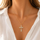 113333, ORNATE PAVE CRYSTAL AND PEARLESCENT CROSS PENDANT NECKLACE
