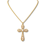 113333, ORNATE PAVE CRYSTAL AND PEARLESCENT CROSS PENDANT NECKLACE