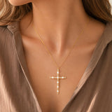 113334, PEARL AND CRYSTAL ELEGANT CROSS PENDANT NECKLACE