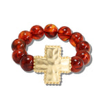 113339, HAMMERED CROSS AND MARBLED BEAD STRETCH BRACELET