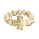 113339, HAMMERED CROSS AND MARBLED BEAD STRETCH BRACELET