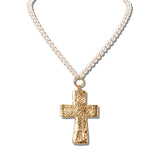 113348, HAMMERED CROSS PENDANT PEARLESCENT STRAND NECKLACE