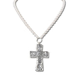113348, HAMMERED CROSS PENDANT PEARLESCENT STRAND NECKLACE
