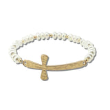 113353, HAMMERED SIDEWAYS CROSS PEARL STRETCH BRACELET