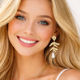113364, TEXTURED LEAF BRANCH AND TEARDROP PEARL EARRINGS