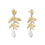 113364, TEXTURED LEAF BRANCH AND TEARDROP PEARL EARRINGS
