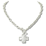 113390, WATER RESISTANT 24K GOLD AND RADIANT SILVER TONE HAMMERED CROSS TOGGLE CHAIN NECKLACE