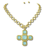 113395, WATER RESISTANT 24K GOLD TONE CABOCHON CROSS PENDANT TOGGLE NECKLACE