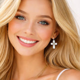 113420, TWO TONE HAMMERED CROSS DROP EARRINGS