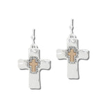 113420, TWO TONE HAMMERED CROSS DROP EARRINGS