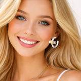113424, TWO TONE HEART CROSS HALF HOOP EARRINGS