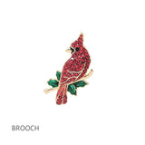 113442, CHRISTMAS RED CRYSTAL CARDINAL ON HOLLY BRANCH BROOCH