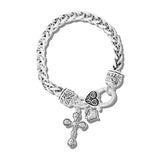 113447, WOVEN CHAIN CROSS AND HEART CHARM BRACELET
