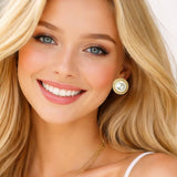 113463, PEARL CABOCHON TEXTURED FRAME STUD EARRINGS