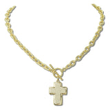 113473, FAUX LEATHER CROSS PENDANT TOGGLE CHAIN NECKLACE