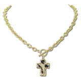 113473, FAUX LEATHER CROSS PENDANT TOGGLE CHAIN NECKLACE