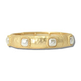 113482, HAMMERED METAL FACETED GEMSTONE AND PEARL STRETCH BRACELET