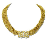 113495, WATER RESISTANT 24K GOLD TONE LATTICE PEARL CENTERPIECE MESH NECKLACE