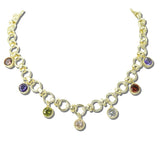 113507, 14K GOLD PLATED CZ GEMSTONE BEADED BEZEL CHARM LINK CHAIN NECKLACE