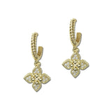 113510, 14K GOLD PLATED CZ QUATREFOIL CHARM TWISTED ROPE HUGGIE HOOP EARRINGS