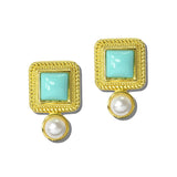 113522, VINTAGE SQUARE ROPE FRAME CABOCHON AND PEARL DROP EARRINGS